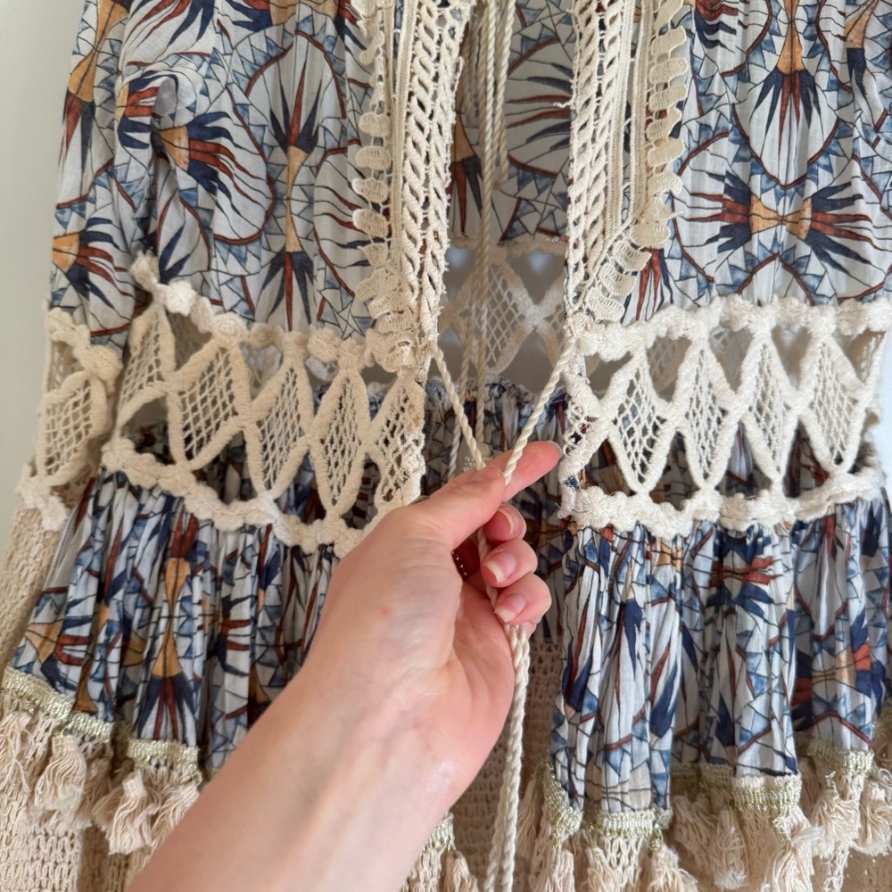 Kitsch & Pop Anthro Boho Tie Front Crochet Layered Long Tunic/Dress Festival S/M - Picture 7 of 16